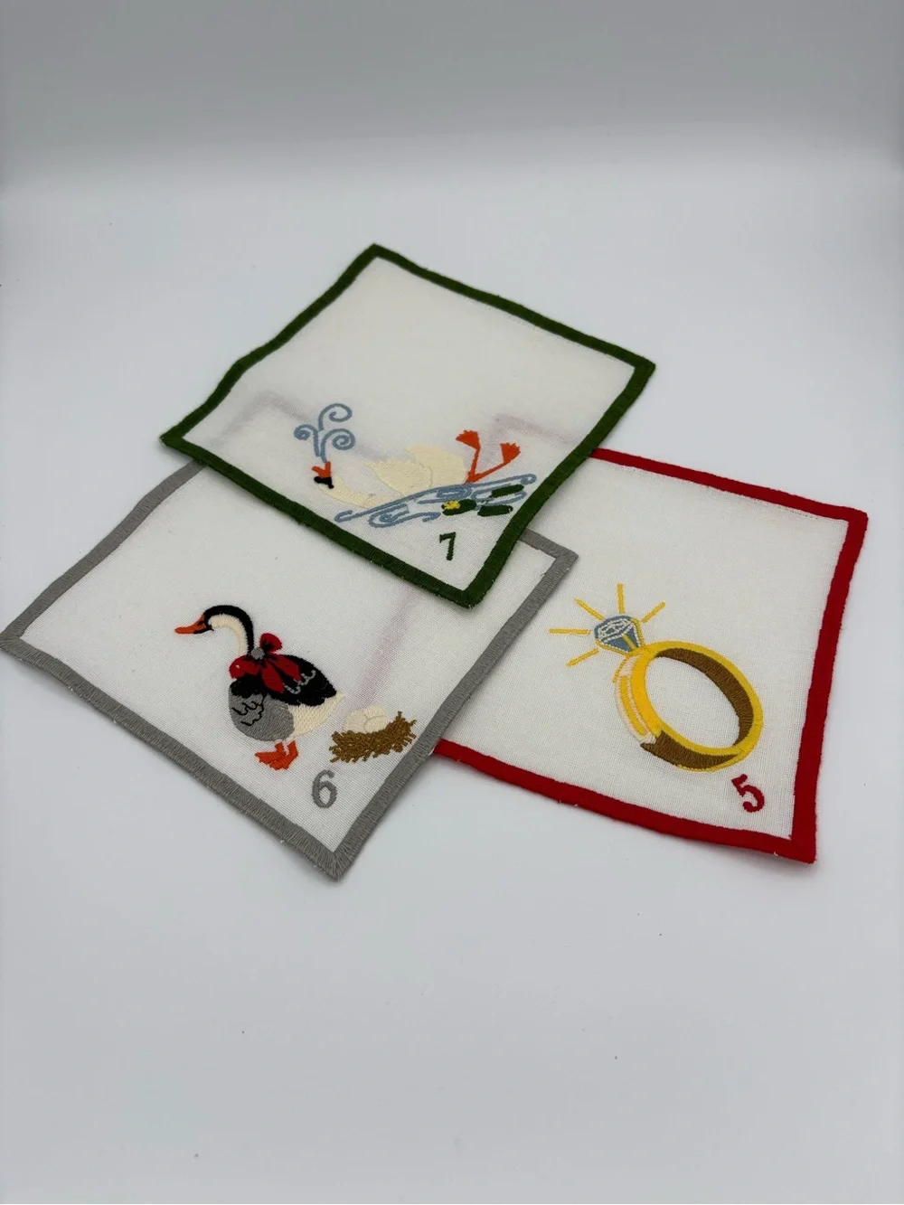 Vintage 12 Days of Christmas Embroidered Linen Blend Cocktail Napkins Set of 10